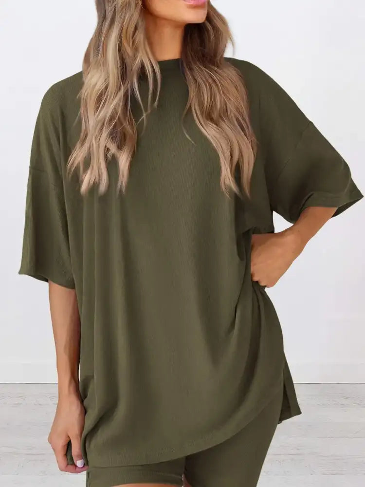 Full Size Oversized Round Neck Top and Shorts Set Plus