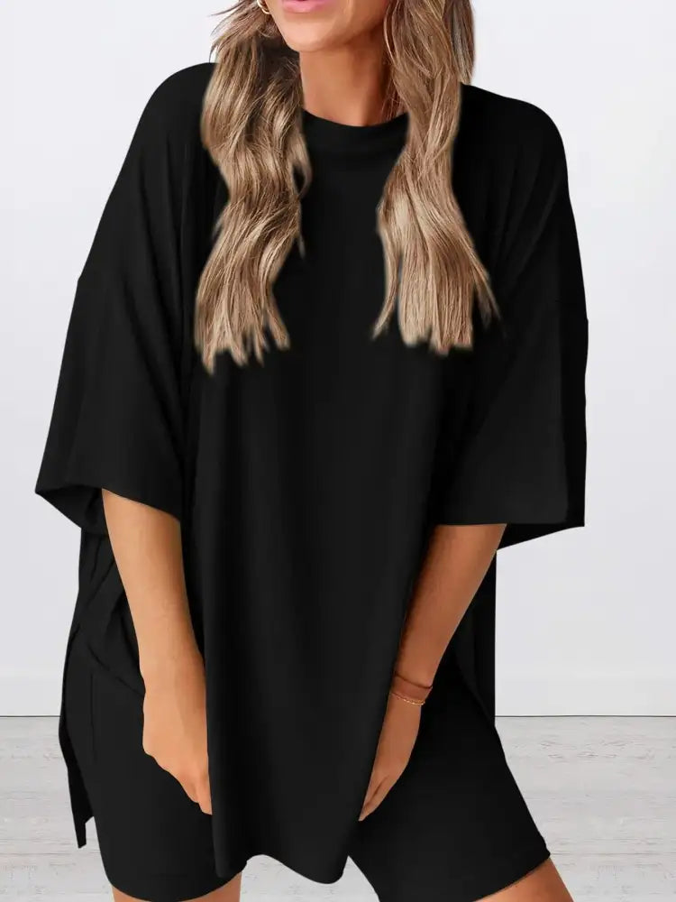 Full Size Oversized Round Neck Top and Shorts Set Plus