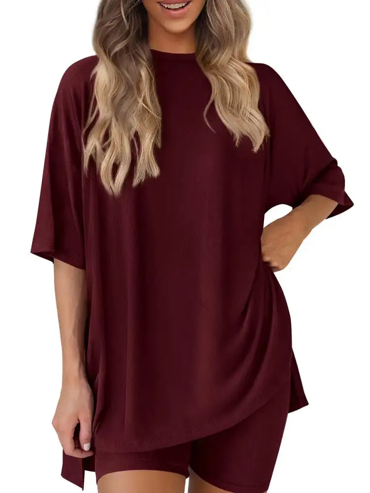Full Size Oversized Round Neck Top and Shorts Set Plus