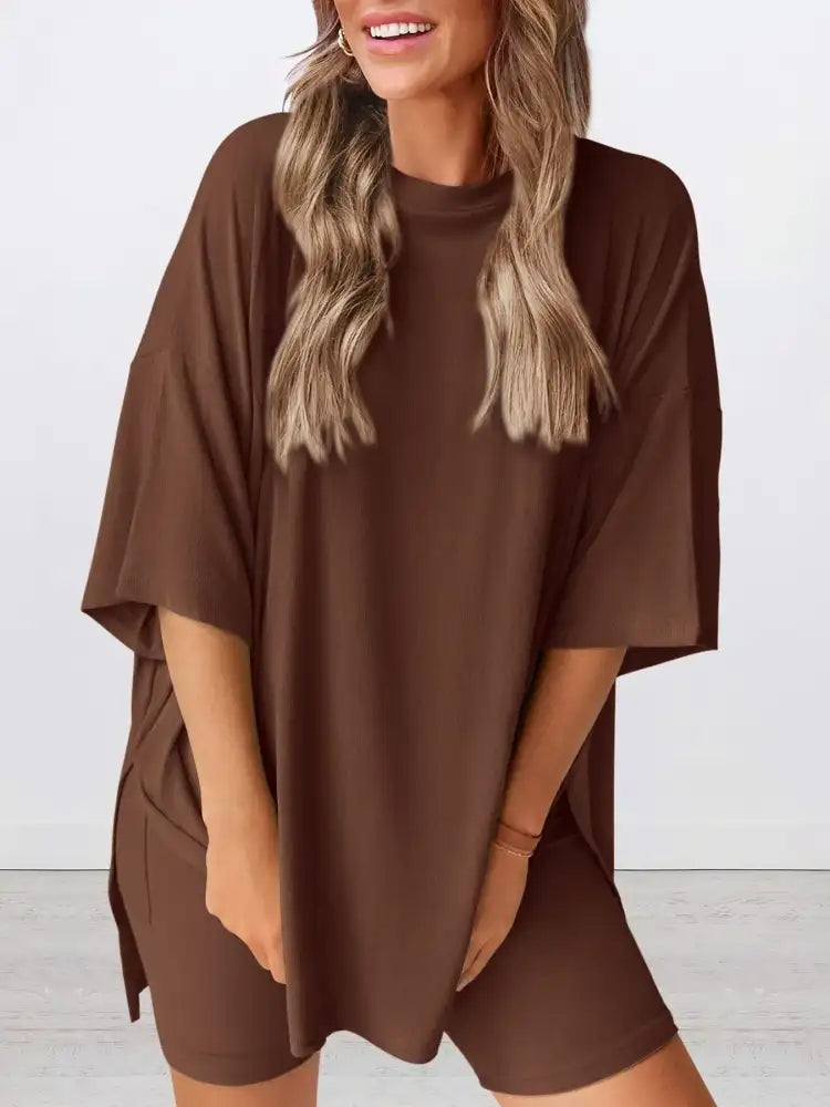 Full Size Oversized Round Neck Top and Shorts Set Plus