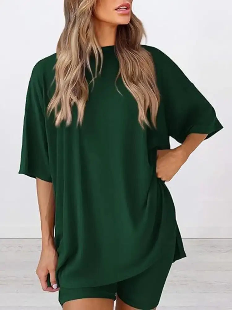 Full Size Oversized Round Neck Top and Shorts Set Plus