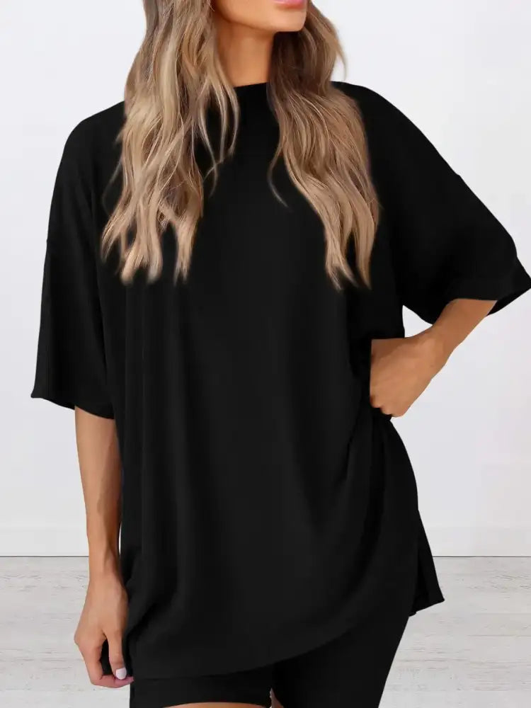 Full Size Oversized Slit Round Neck Top and Shorts Lounge Set Plus