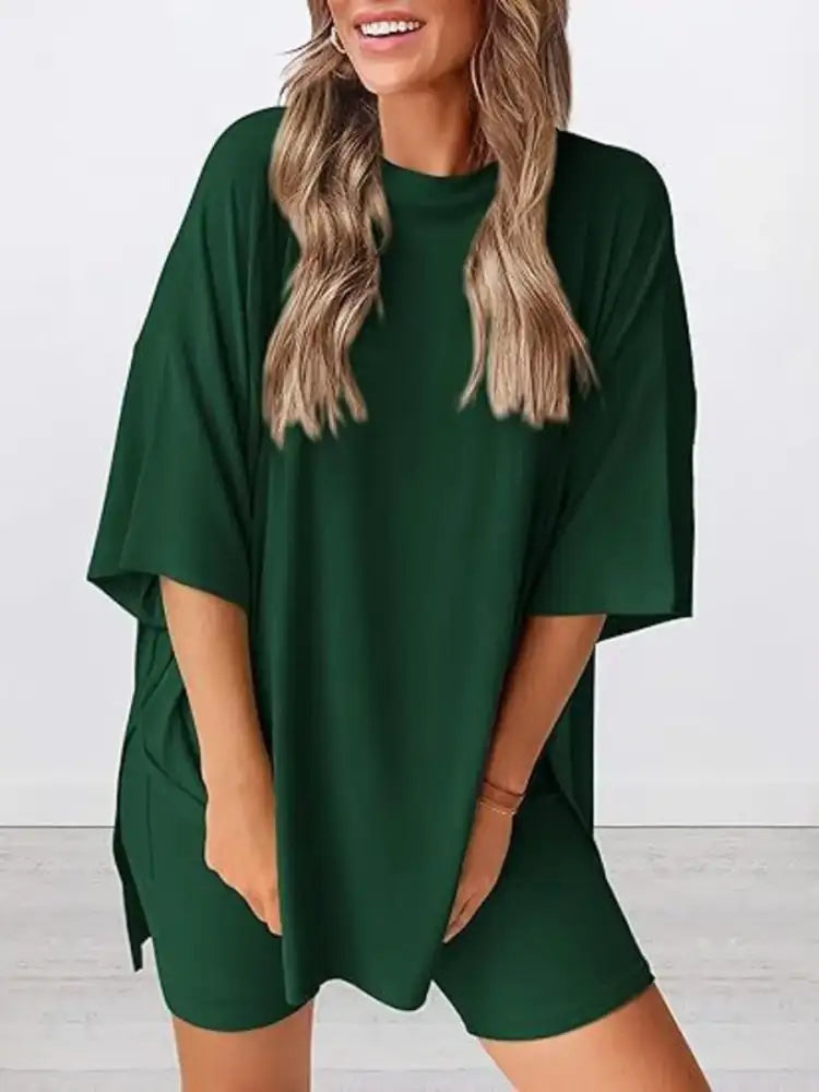 Full Size Oversized Slit Round Neck Top and Shorts Lounge Set Plus