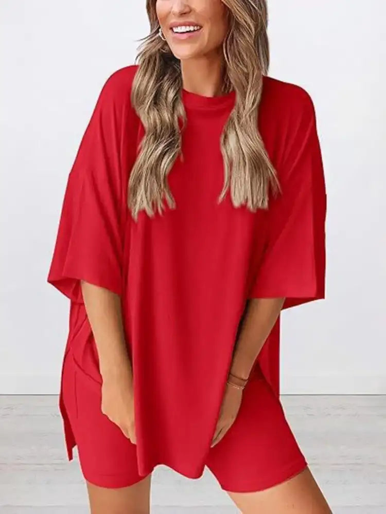Full Size Oversized Slit Round Neck Top and Shorts Lounge Set Plus