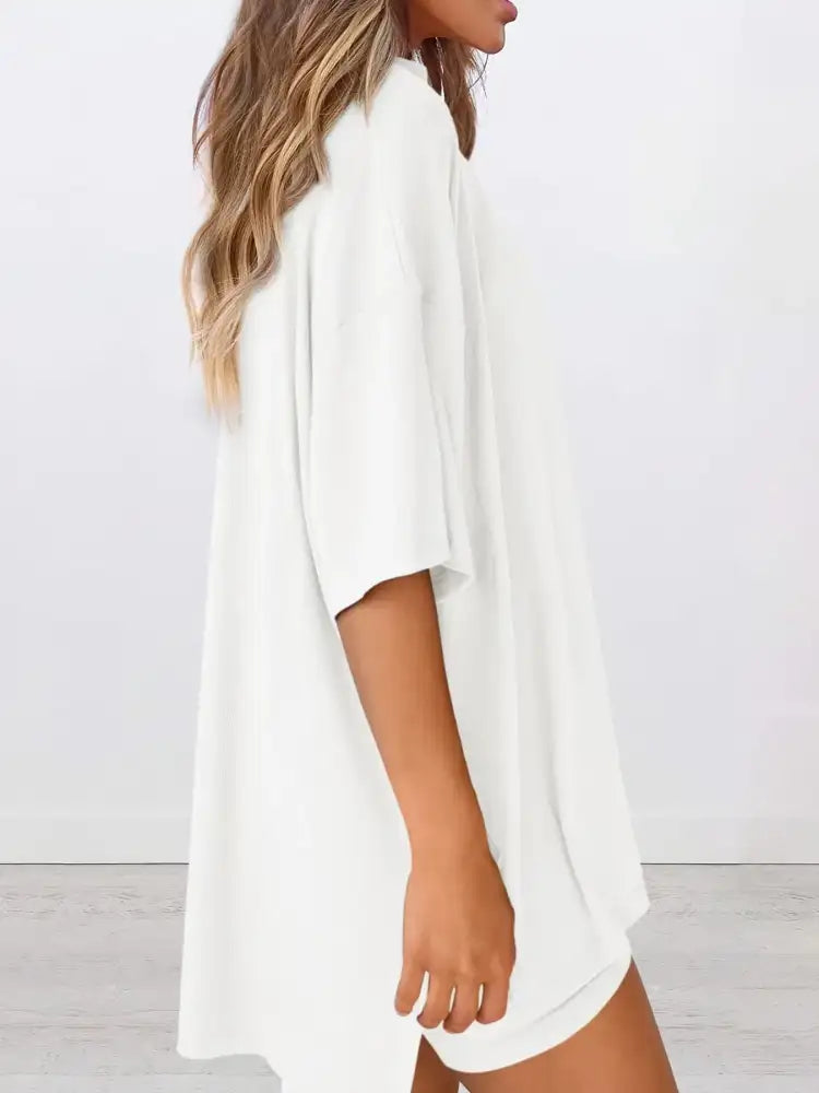 Full Size Oversized Slit Round Neck Top and Shorts Lounge Set Plus