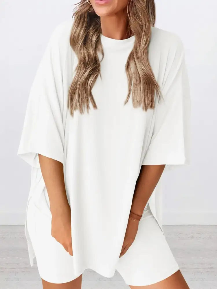 Full Size Oversized Slit Round Neck Top and Shorts Lounge Set Plus