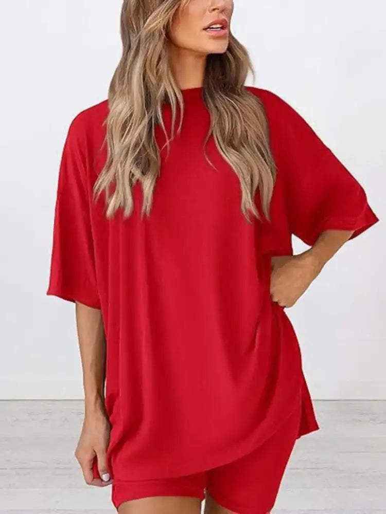 Full Size Oversized Slit Round Neck Top and Shorts Lounge Set Plus