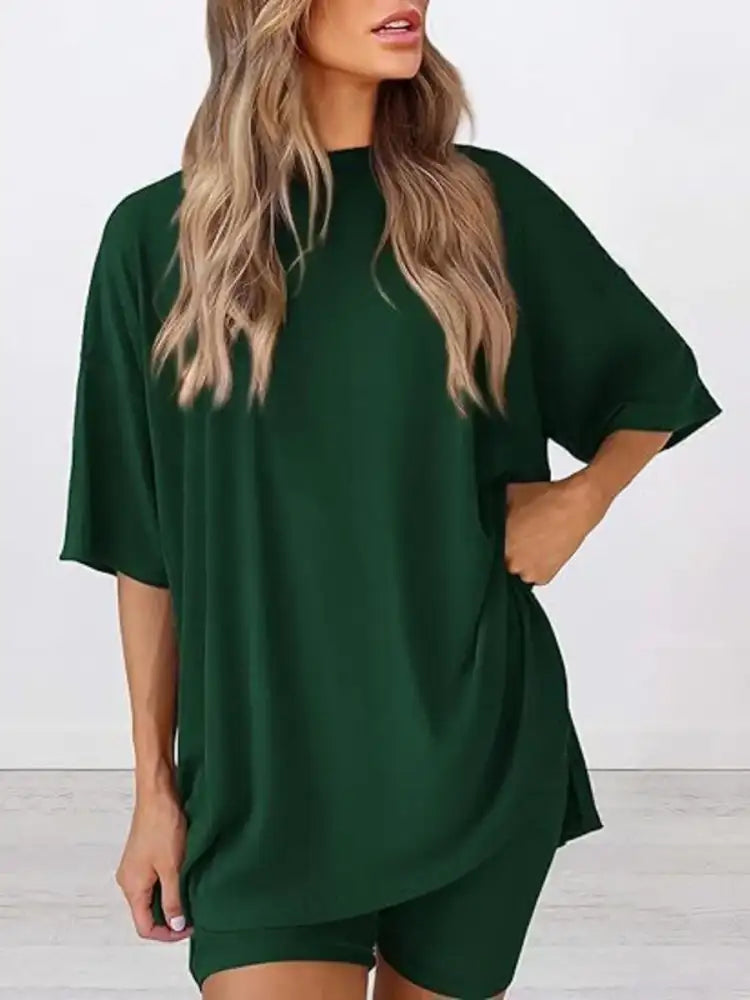 Full Size Oversized Slit Round Neck Top and Shorts Lounge Set Plus