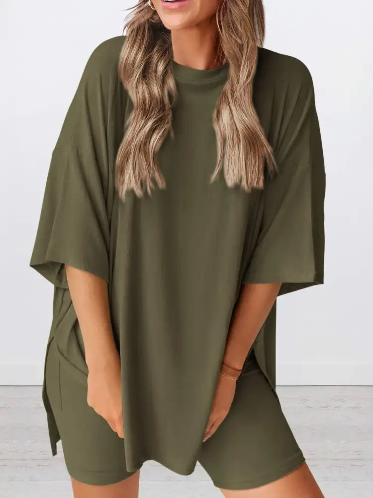 Full Size Oversized Slit Round Neck Top and Shorts Lounge Set Plus