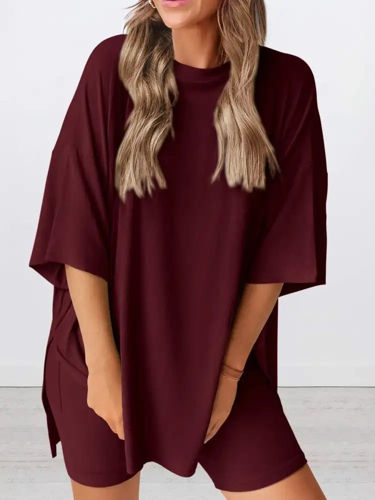 Full Size Oversized Slit Round Neck Top and Shorts Lounge Set Plus