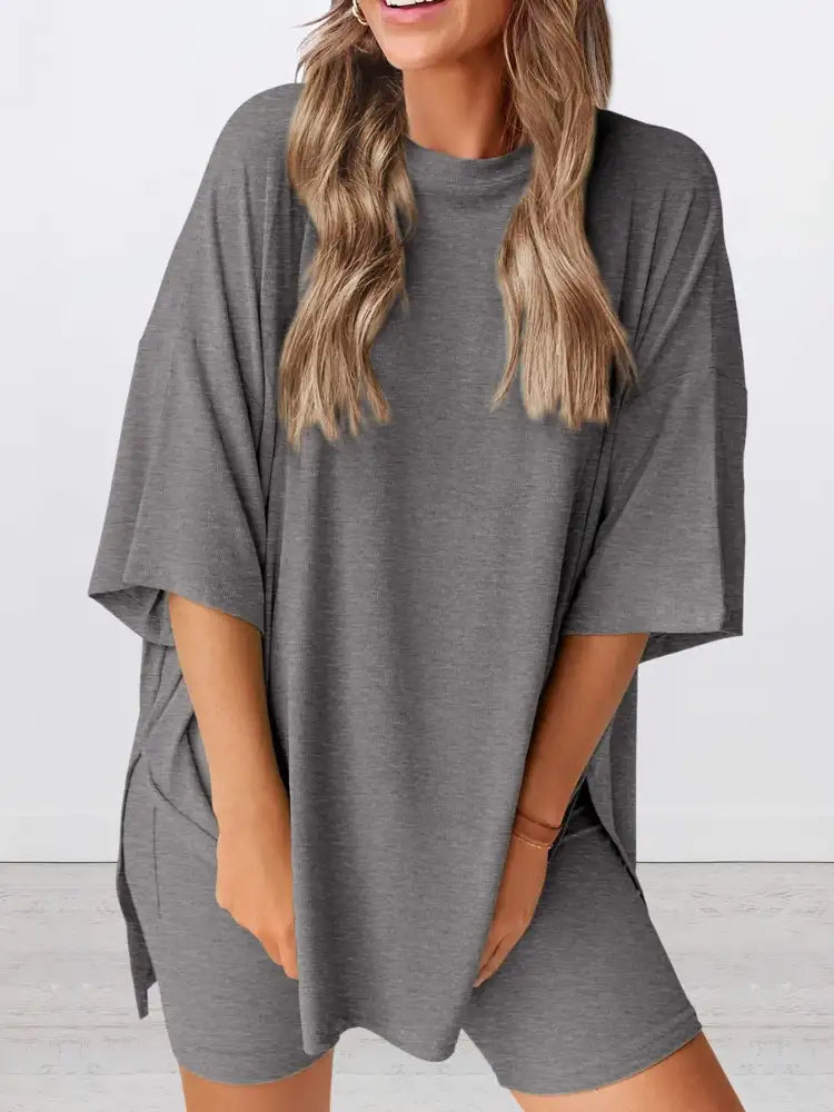 Full Size Oversized Slit Round Neck Top and Shorts Lounge Set Plus