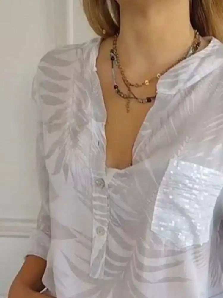 Full Size Printed Button Detail Long Sleeve Blouse Plus