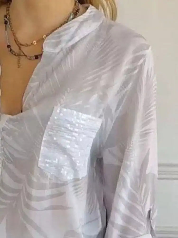 Full Size Printed Button Detail Long Sleeve Blouse Plus