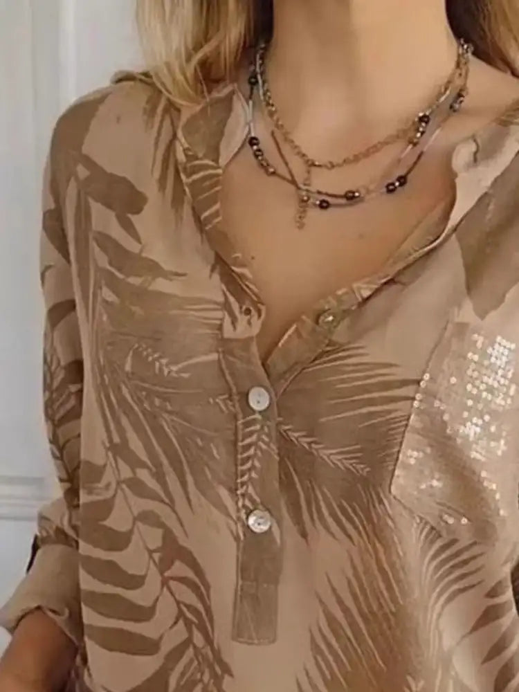 Full Size Printed Button Detail Long Sleeve Blouse Plus