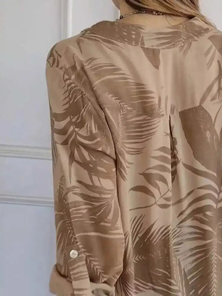 Full Size Printed Button Detail Long Sleeve Blouse Plus