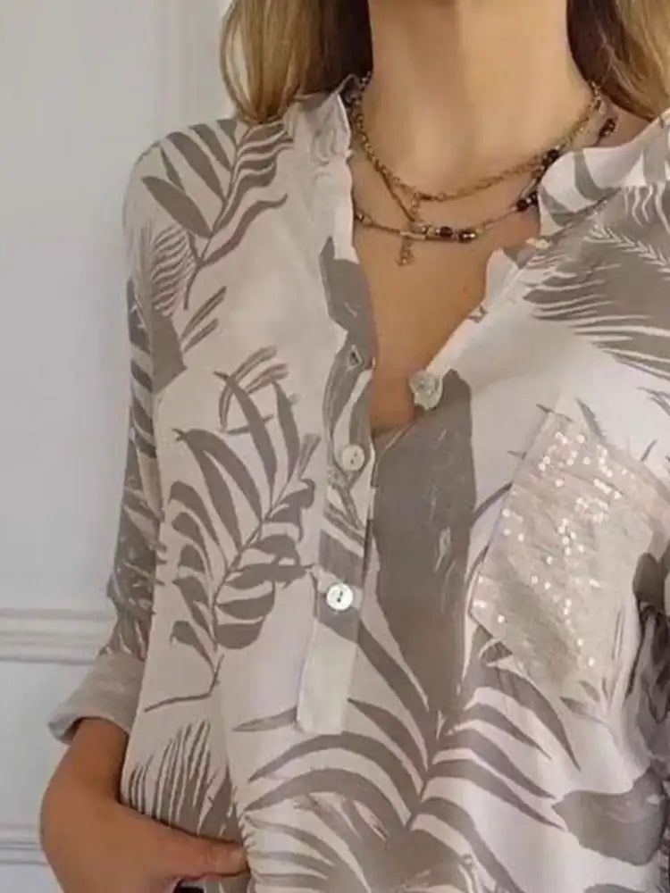 Full Size Printed Button Detail Long Sleeve Blouse Plus