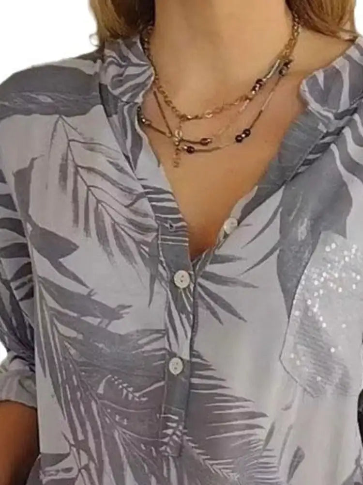 Full Size Printed Button Detail Long Sleeve Blouse Plus