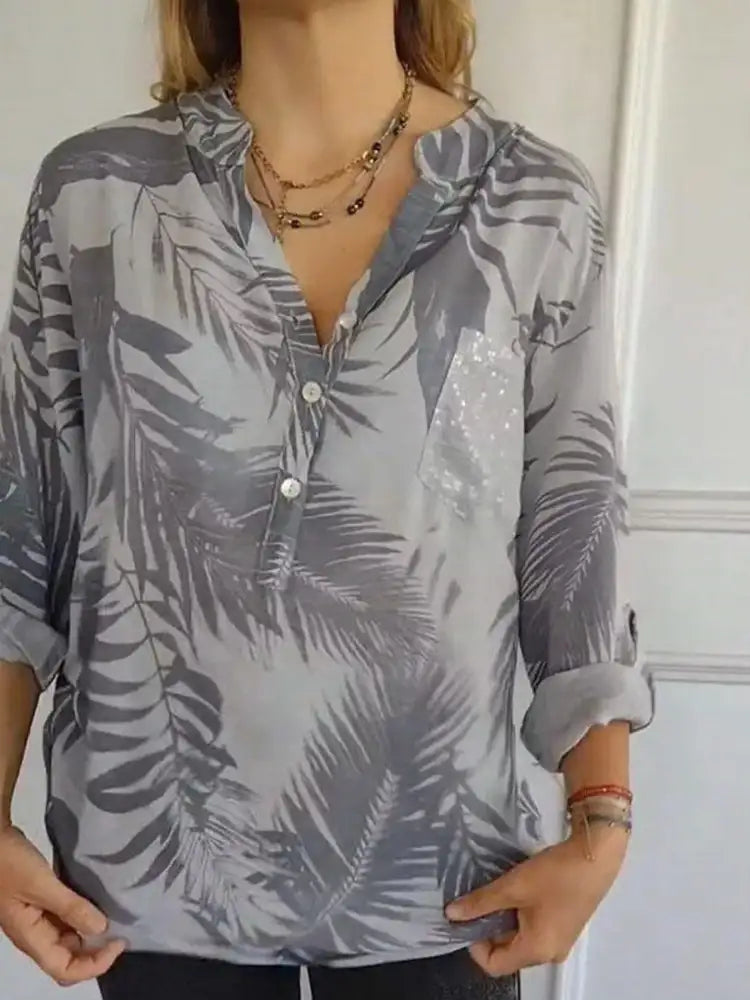 Full Size Printed Button Detail Long Sleeve Blouse Plus