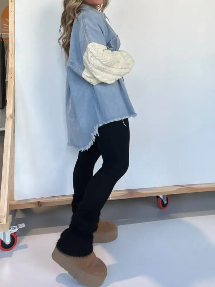 Full Size Raw Hem Button Up Patchwork Denim Jacket Plus Size