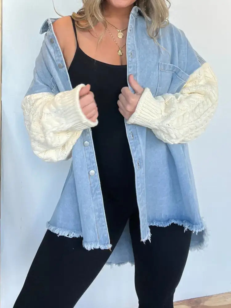 Full Size Raw Hem Button Up Patchwork Denim Jacket Plus Size