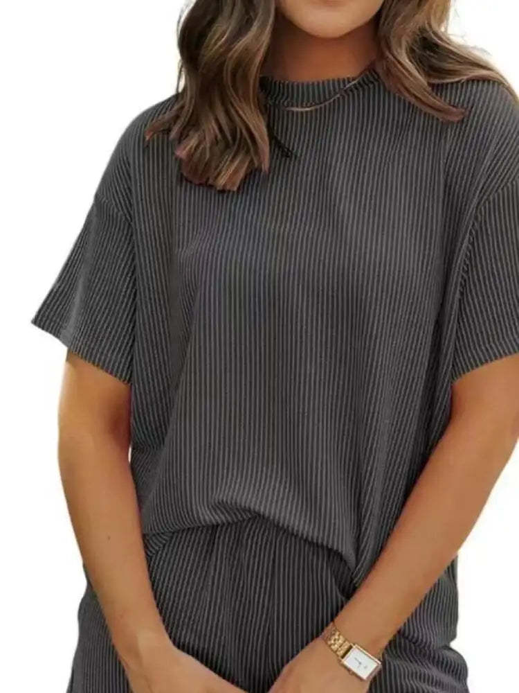 Full Size Ribbed Short Sleeve Top and Shorts Two-Piece Set Plus Size