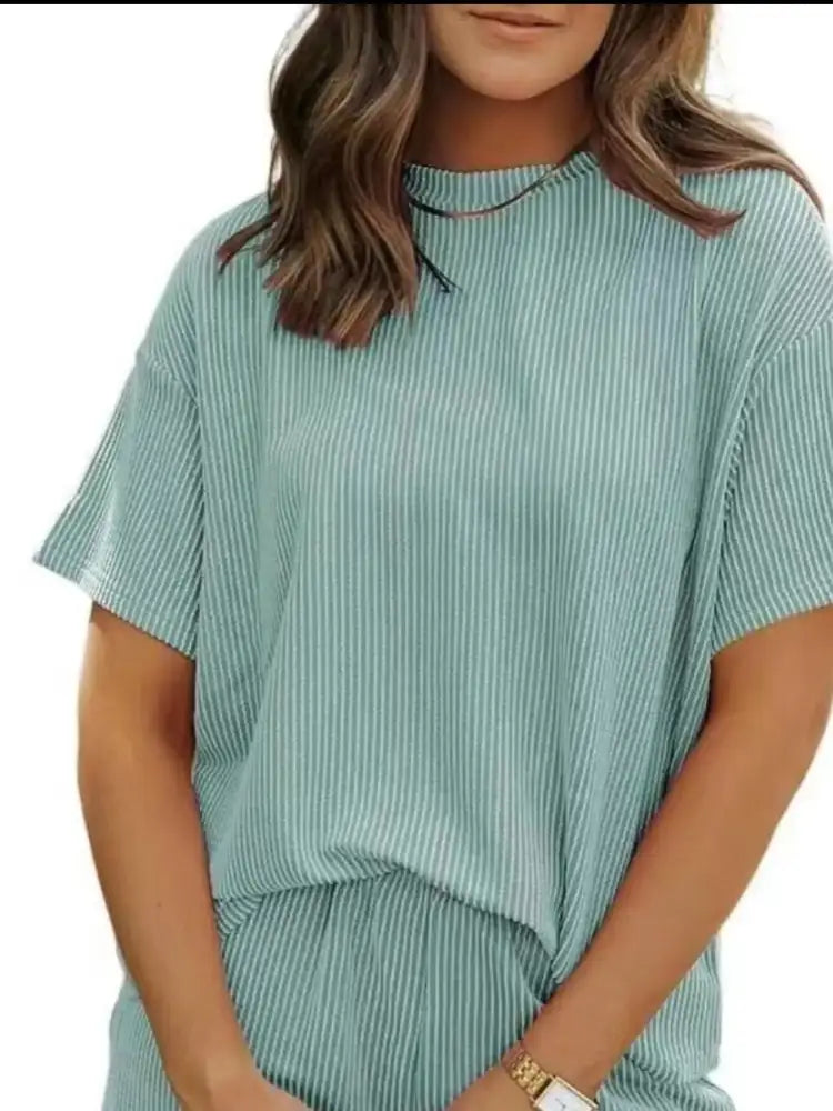 Full Size Ribbed Short Sleeve Top and Shorts Two-Piece Set Plus Size
