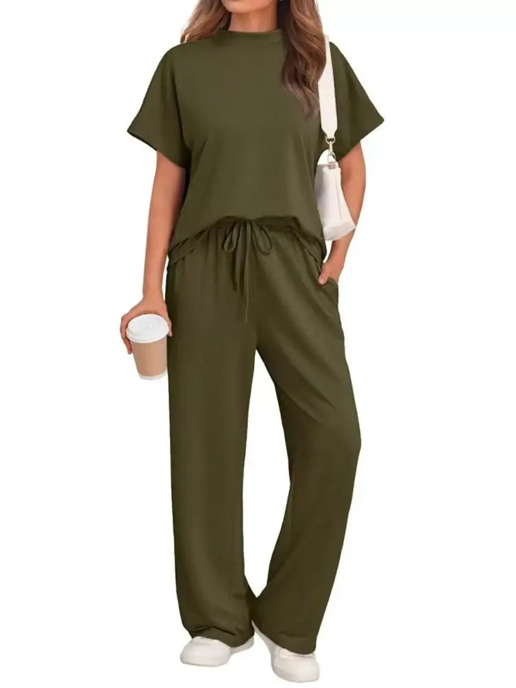 Full Size Round Neck Short Sleeve Top and Pants Set Plus
