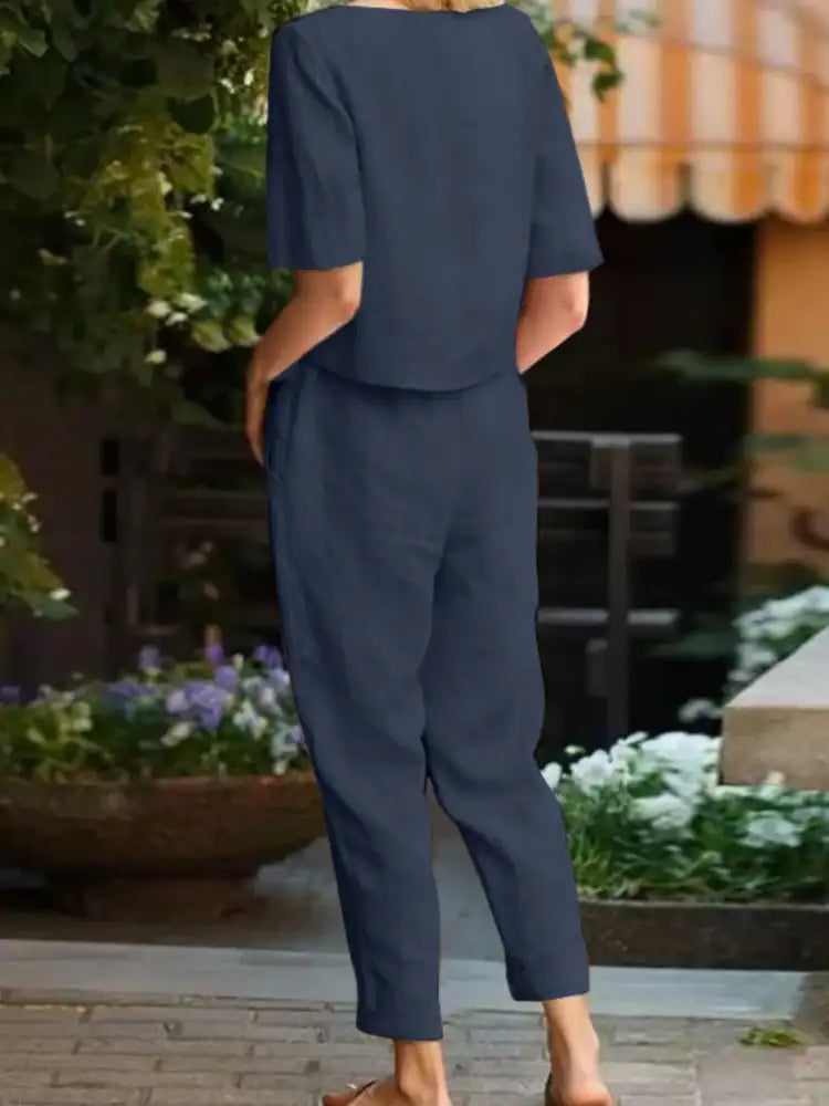 Full Size Round Neck Short Sleeve Top and Pants Set Plus