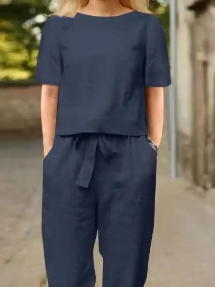 Full Size Round Neck Short Sleeve Top and Pants Set Plus