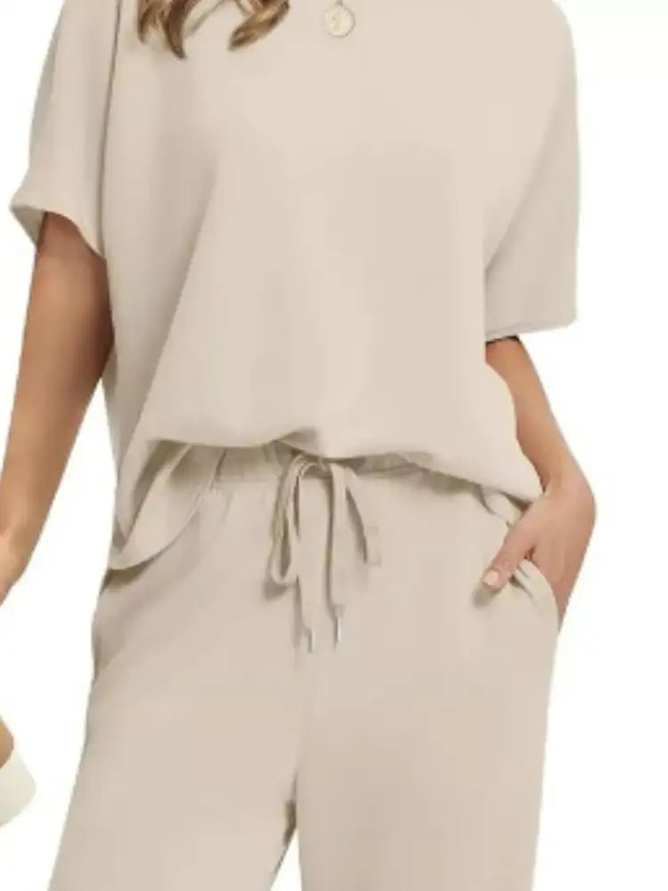Full Size Round Neck Short Sleeve Top and Pants Set Plus