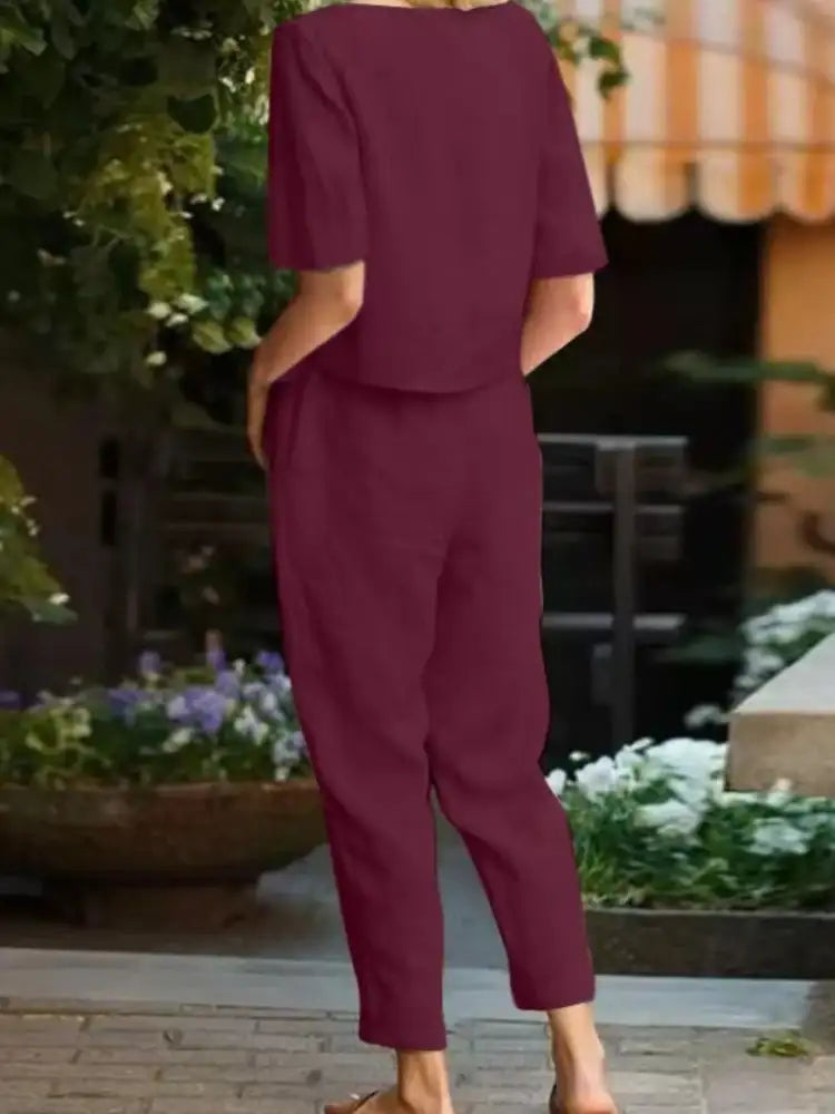 Full Size Round Neck Short Sleeve Top and Pants Set Plus