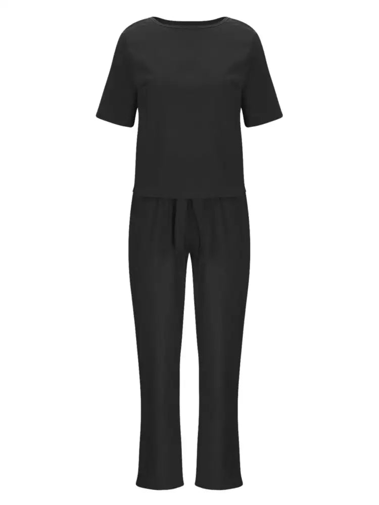 Full Size Round Neck Short Sleeve Top and Pants Set Plus