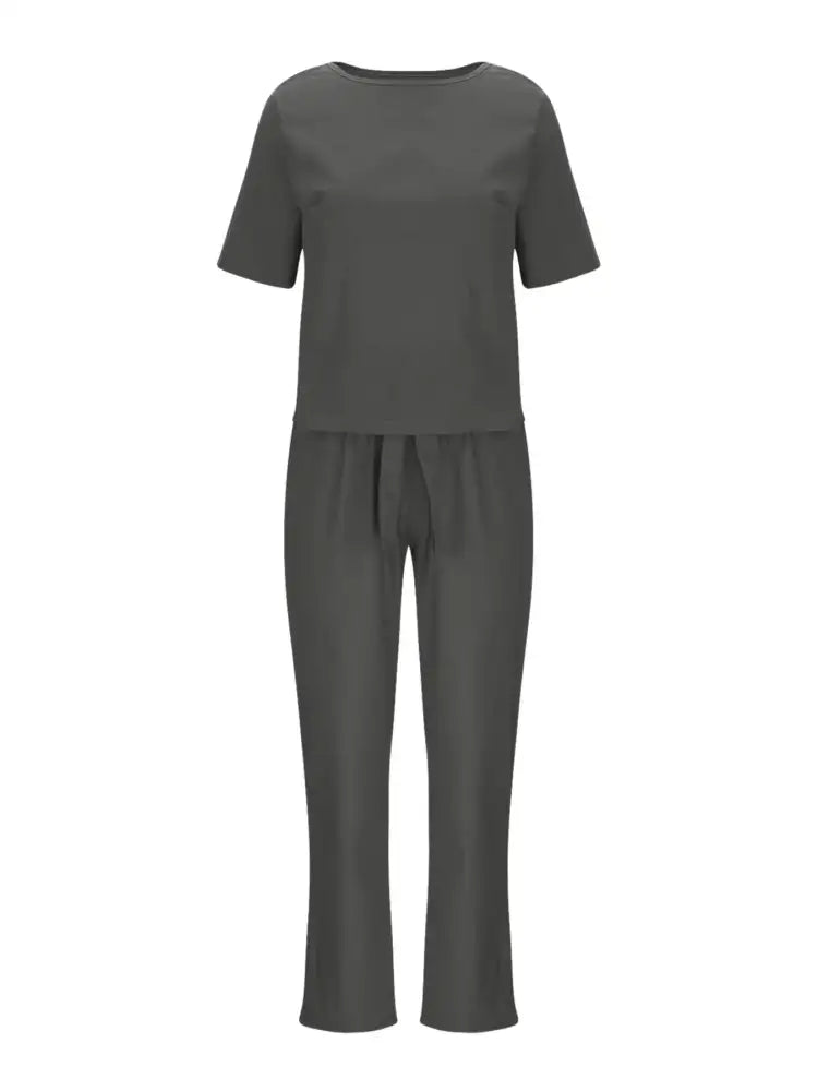 Full Size Round Neck Short Sleeve Top and Pants Set Plus