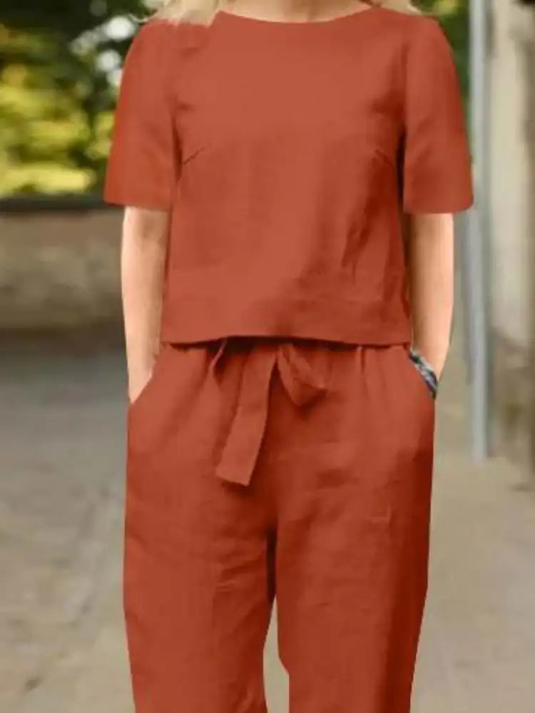 Full Size Round Neck Short Sleeve Top and Pants Set Plus