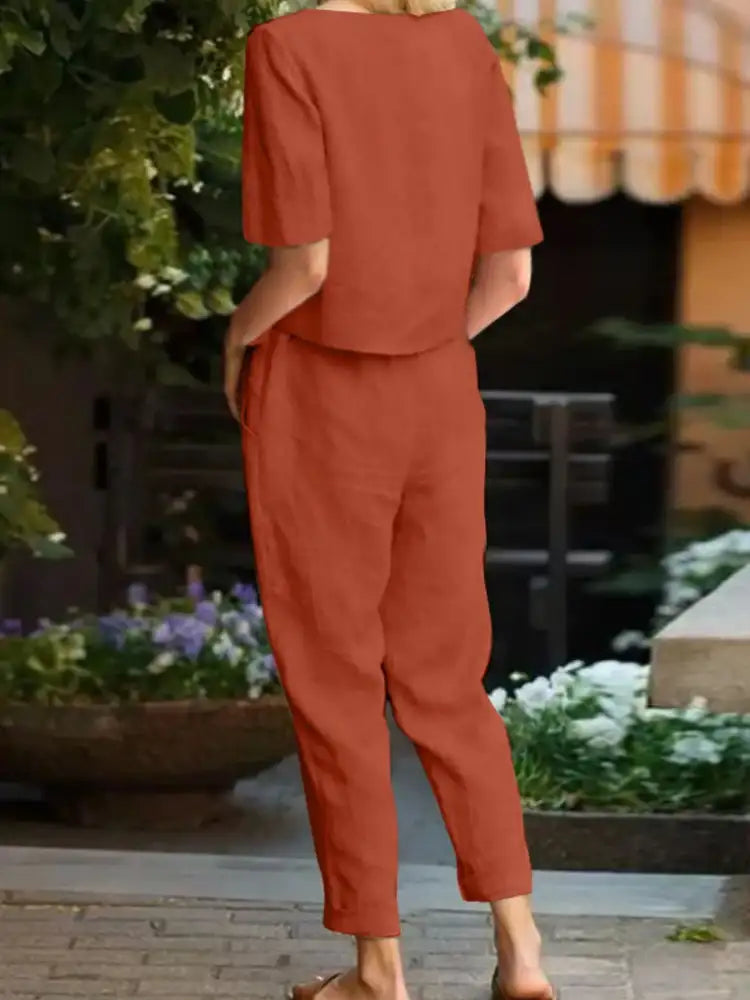 Full Size Round Neck Short Sleeve Top and Pants Set Plus