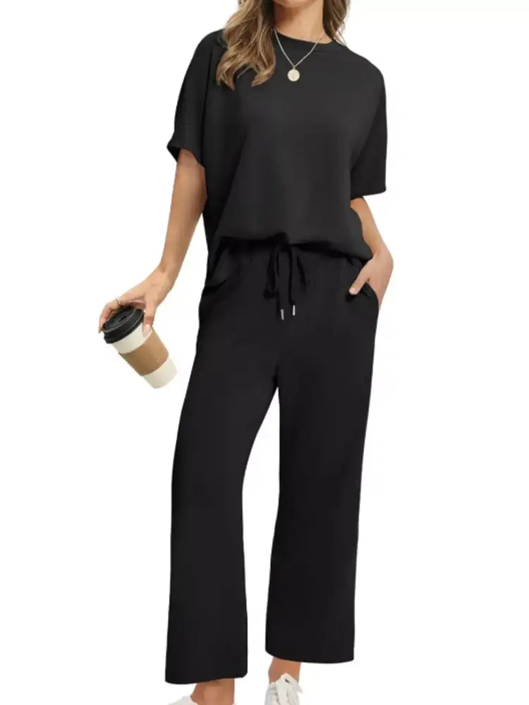 Full Size Round Neck Short Sleeve Top and Pants Set Plus