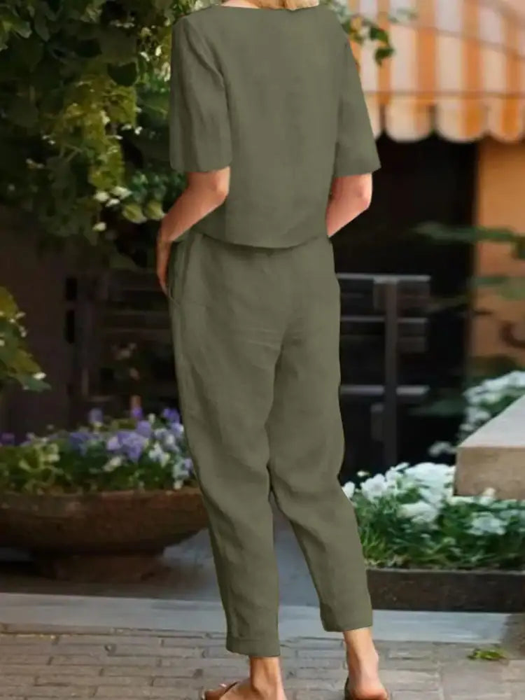 Full Size Round Neck Short Sleeve Top and Pants Set Plus