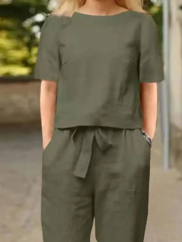 Full Size Round Neck Short Sleeve Top and Pants Set Plus