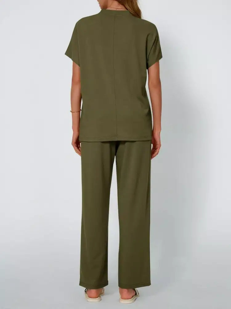 Full Size Round Neck Short Sleeve Top and Pants Set Plus