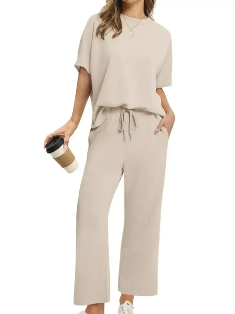 Full Size Round Neck Short Sleeve Top and Pants Set Plus