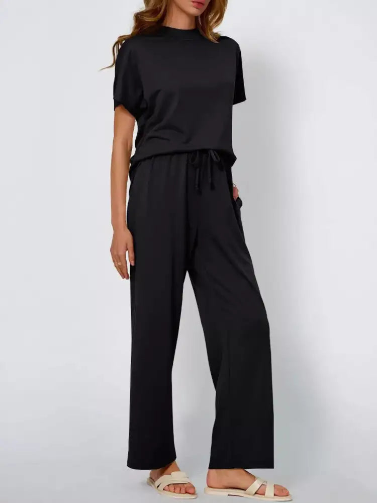 Full Size Round Neck Short Sleeve Top and Pants Set Plus