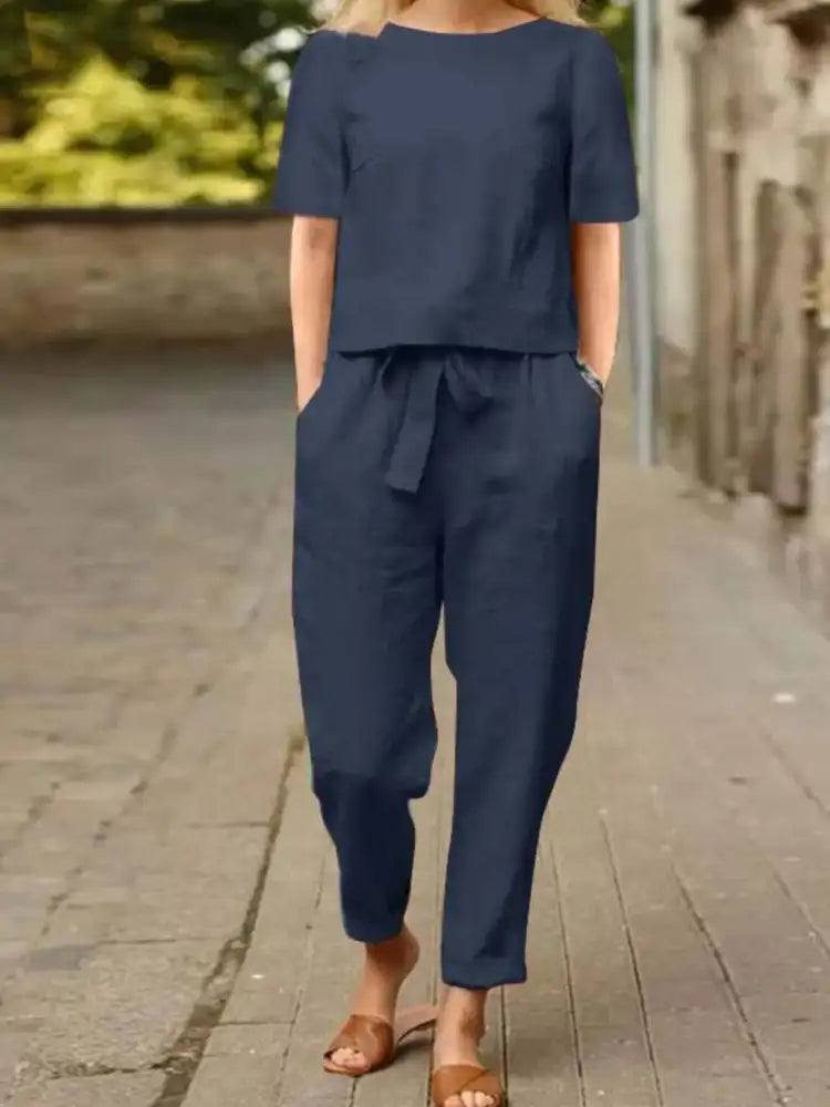 Full Size Round Neck Short Sleeve Top and Pants Set Plus