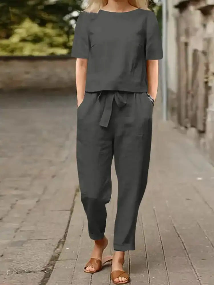 Full Size Round Neck Short Sleeve Top and Pants Set Plus