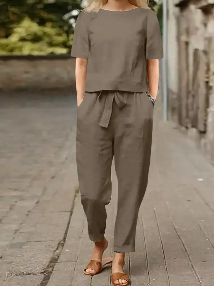 Full Size Round Neck Short Sleeve Top and Pants Set Plus