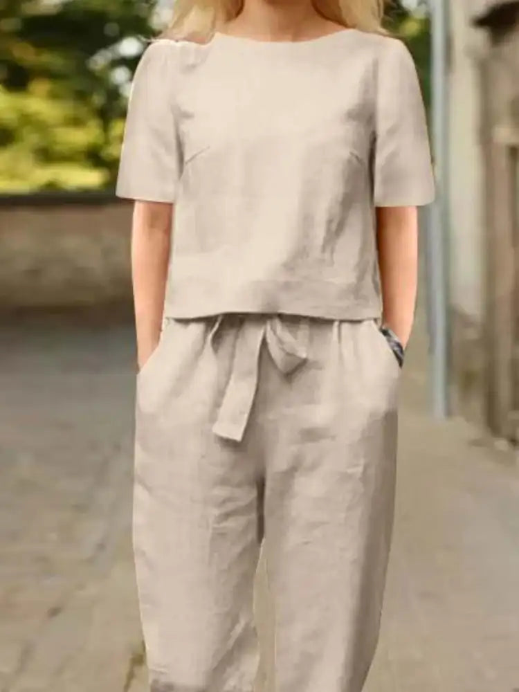 Full Size Round Neck Short Sleeve Top and Pants Set Plus