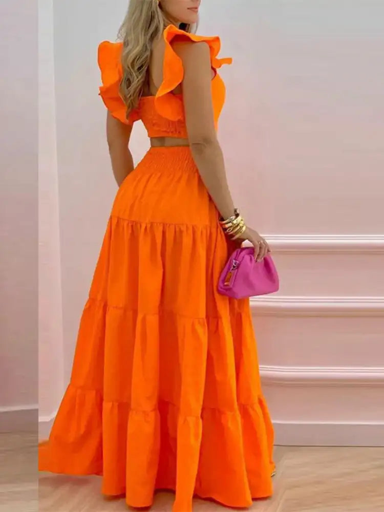 Full Size Ruffled Cami and Tiered Maxi Skirt Set Plus