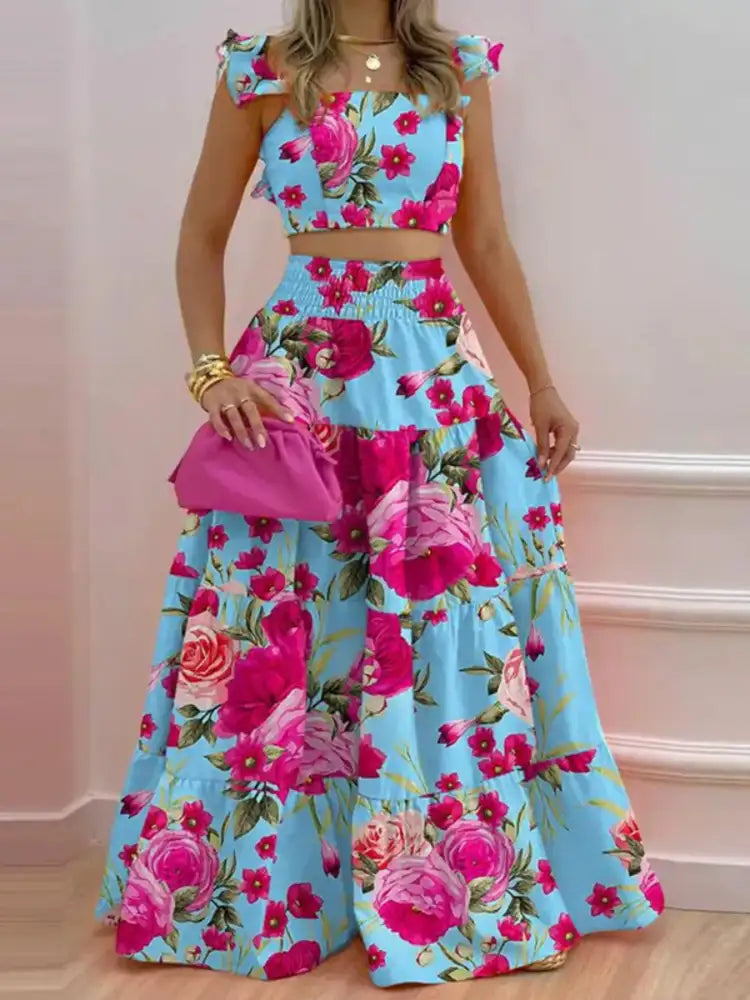 Full Size Ruffled Cami and Tiered Maxi Skirt Set Plus