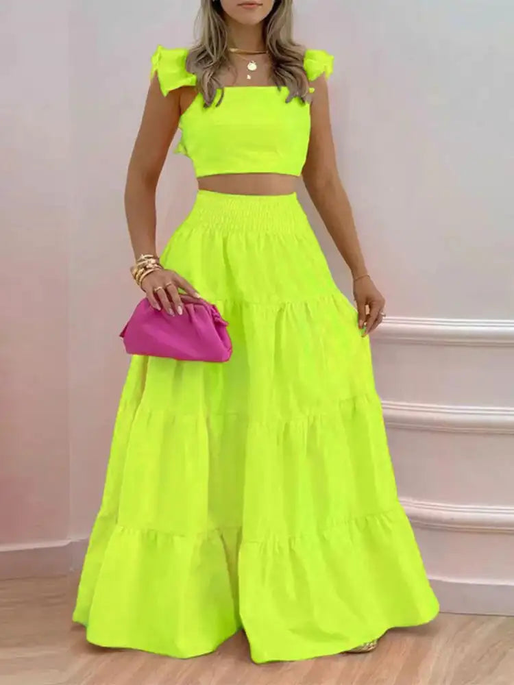 Full Size Ruffled Cami and Tiered Maxi Skirt Set Plus