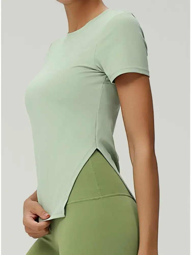 Full Size Slit Round Neck Short Sleeve Active T-Shirt Plus