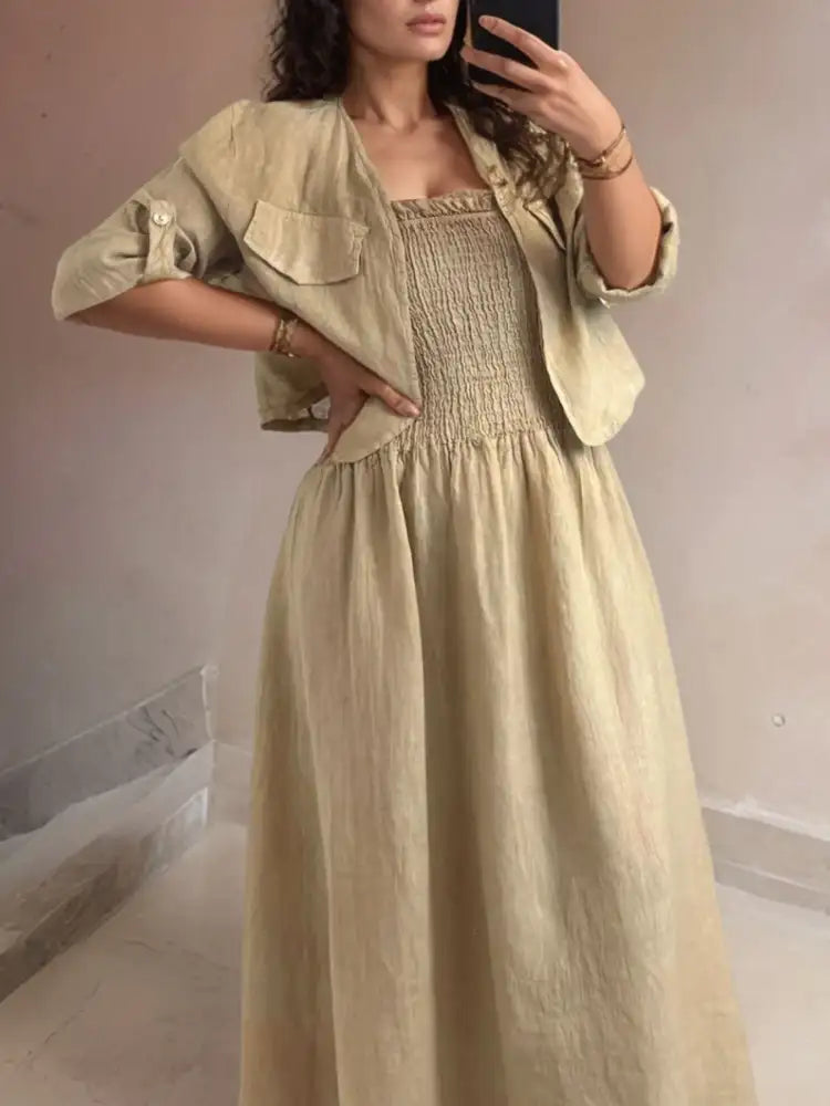 Full Size Smocked Cami Dress and Jacket Set Plus